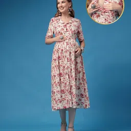 Zelena Rayon Woven Half Sleeves Floral Printed Maternity Dress With Front Open Nursing Access - Off White-image-72
