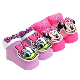 Disney by Yellow Bee Pack Of 2 Mickey Mouse & Friends Featuring Minnie Mouse & Daisy Duck Applique Detailed 3D Socks - Pink & Purple image 2