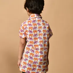 MoMaa Cotton Half Sleeves Elephants Printed Shirt - Orange image 3
