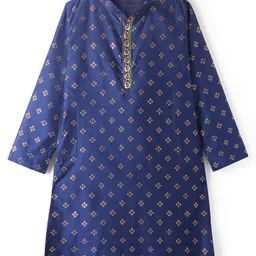 EARTHY TOUCH Satin Woven Full Sleeves Kurta Pyjama Set with Motif Glitter Print - Blue image 2