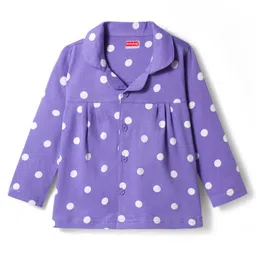 Babyhug Cotton Knit Full Sleeves Co-ords Front Open Night Suit with Polka Dot Print - Lilac image 2