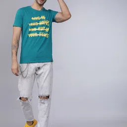 LOCOMOTIVE Men Teal Blue & Yellow Printed Round Neck T-shirt image 5