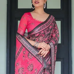 ALMAARI FASHION Floral Printed Zari Pure Linen Banarasi Saree With Unstitched Blouse Piece image 2