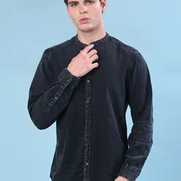 V-Mart Faded Mandarin Collar Slim Fit Denim Shirt-picture-26