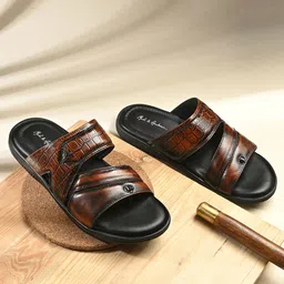 Mast & Harbour Men Textured Slip On Leather Ortholite Impressions Comfort Sandals-picture-26