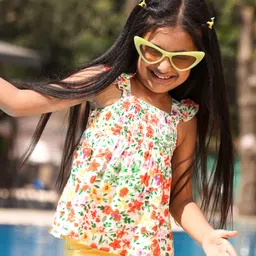 Babyhug Sleeveless Rayon Top With Smocking & Frill Detailing Floral Print - White-picture-11