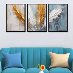 WENS Abstract  Feather Framed Canvas Set of 3 Painting for Home Decor 19 Inch x 39 Inch-picture-26