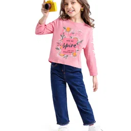 Babyhug Terry Knit Full Sleeves Top & Solid Denim Jeans Set With Floral & Text Print - Pink & Blue-picture-27