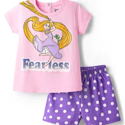 Babyhug Disney Single Jersey Knit Half Sleeves Shorts Night Suit With Rapunzel Graphic - Pink & Purple-picture-14