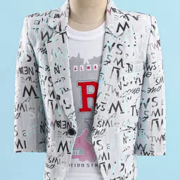 Rikidoos Full Sleeves Alphabets Printed Blazer With Typography Printed Tee - Light Grey & White-picture-12
