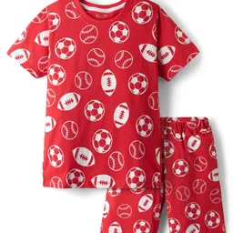 kookie kids india Kookie Kids Single Jersey Knit Half Sleeves Shorts Co-Ord Night Suit With Sport Theme Print - Red-picture-18