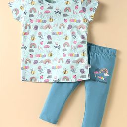 CUCUMBER Cotton Knit Half Sleeves Night Suit With Floral Print - Light Blue-picture-28