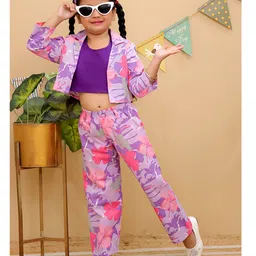 AJ Dezines Cotton Woven Three Fourth Sleeves Solid Top With Floral Printed Pant & Jacket Set - Purple-picture-30