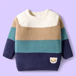 babyhug Pine Kids Knit Full Sleeves Pullover Sweater with Stripe Design & Animal Patch Embroidery - Blue & Beige-picture-13