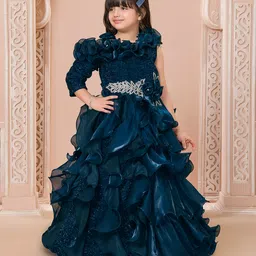 Ministitch Organza Woven Three Fourth Sleeves Stones Embellished Ruffles Detailed Shimmered Gown - Teal Blue-picture-22