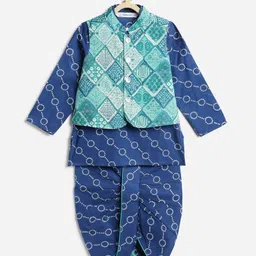 Campana 100% Cotton Woven Full Sleeves Geometric Printed Dhoti Kurta With Jacket Set - Blue & Green-picture-28