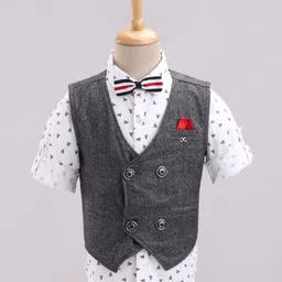 Jash Kids Full Sleeves Printed Shirt And Pants Set With Waistcoat - Black image 2