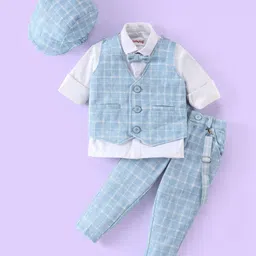 Babyhug Full Sleeves Three Piece Party Suit Checkered with Bow & Hat - White & Blue image 2