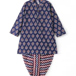 Babyhug Cotton Woven Full Sleeves Cambric Printed Kurta With Dhoti Set - Navy Blue image 2
