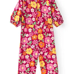 Babyhug Single Jersey Knit Full Sleeves Jumpsuit Floral Print - Red image 2