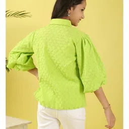 ISHTI Woven Three Fourth Volume Sleeves Floral Applique Detailed Textured Shirt Style Top - Green image 3