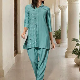 ISHIN Mirror Work Embroidered Shirt Collar Tunic With Trousers image 2