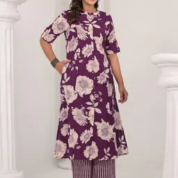AUTUMN LANE Floral Printed Mandarin Collar A-Line Pure Cotton Kurta With Palazzos-picture-14