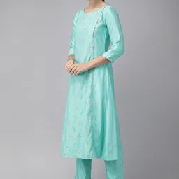 Indo Era Women Sea Green Embroidered Liva Kurta with Trousers & Dupatta image 5