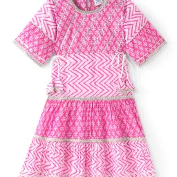 Teentaare Cotton Three Fourth Sleeves Ethnic Dress with Lace Detailing - Pink-image-2