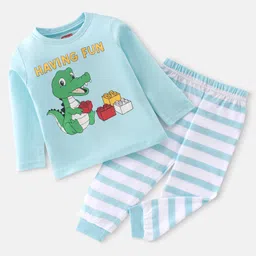 Babyhug Cotton Knit Full Sleeves Night Suit With Dino Print - Blue & White-image-78
