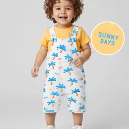 Babyhug Single Jersey Knit Dungaree with Tree Print & Half SleevesT-Shirt - White & Orange image 1