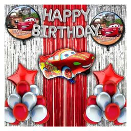 Bubble Trouble Happy Birthday Decoration Lightning Mcqueen Car Theme Combo Kit Items With Metallic Balloons Foil Curtain Shimmer For Little Kids Theme Birthday Party Decorations Red Pack of 39-picture-5