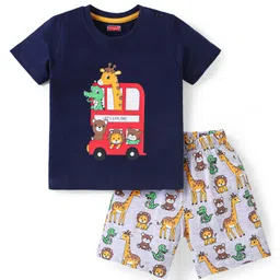 Babyhug Cotton Knit Half Sleeves Night Suit With Animals Print - Navy & Grey-picture-12