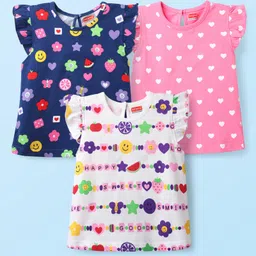 Babyhug Cotton Knit Frill Sleeves T-Shirt with Tropical Theme & Hearts Print Pack of 3 - Navy Blue Pink & White-picture-11