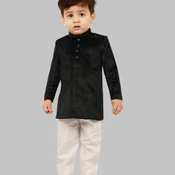 little desi Velvet Full Sleeves Beads Embellished Bird Designed Sherwani Pyjama Set - Black-picture-12