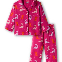 Babyhug Cotton Knit Full Sleeves Co-Ord Night Suit with Dino Print - Dark Pink-picture-33