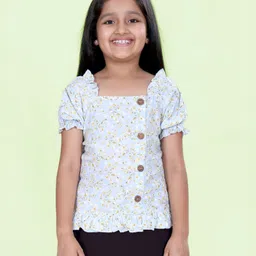 Kiddopanti Rayon Woven Half Puffed Sleeves Floral Printed Top - Light Blue-picture-18