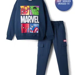 Primo Gino Marvel Terry Knit Full Sleeves Sweatshirt and Track Pants with Avengers Graphic and Cargo Pocket Detailing - Navy Blue-picture-15