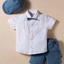 ToffyHouse Cotton Knit Half Sleeves Printed Party Shirt & Shorts Set With Bow Suspender & Cap - Teal Blue & White-picture-25