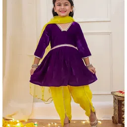 KID1 Velvet Woven Three fourth Sleeves Gota Lace Embellished Kurti Dhoti With Dupatta Set - Purple-picture-16