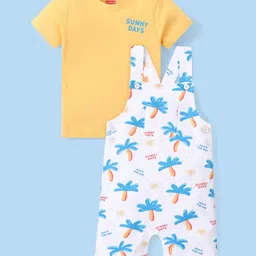 Babyhug Single Jersey Knit Dungaree with Tree Print & Half SleevesT-Shirt - White & Orange image 2