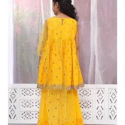 Little Bansi Cotton Sleeveless Floral Foil Motifs Printed Frock Style Kurta With Coordinating Sharara & Dupatta Set - Haldi Yellow image 3