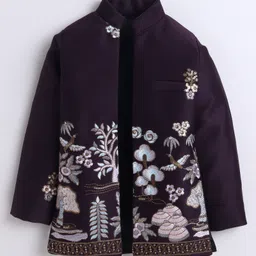 Fourfolds Woven Solid Sherwani Pant With Full Sleeves Sequins Embellished & Floral Embroidered Jacket Set - Wine image 3