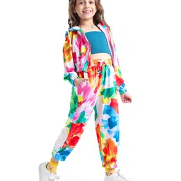 Ollington St. Full Sleeves Floral Printed Front Zipper Hoodie With Inner Top & Joggers Co-Ord Set - White image 3