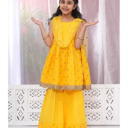 Little Bansi Cotton Sleeveless Floral Foil Motifs Printed Frock Style Kurta With Coordinating Sharara & Dupatta Set - Haldi Yellow image 4