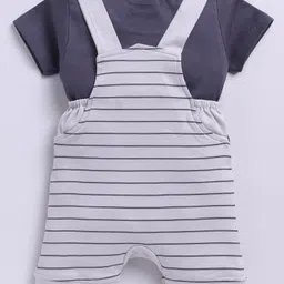 Jb Club Cotton Knit Striped & Boat Embroidered Dungaree With Half Sleeves Tee Set - Grey image 4