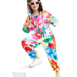 Ollington St. Full Sleeves Floral Printed Front Zipper Hoodie With Inner Top & Joggers Co-Ord Set - White image 4