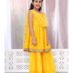 Little Bansi Cotton Sleeveless Floral Foil Motifs Printed Frock Style Kurta With Coordinating Sharara & Dupatta Set - Haldi Yellow image 5