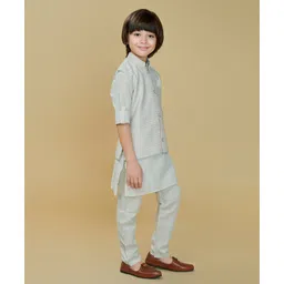 Ministitch Cotton Woven Full Sleeves Kurta Pant With Striped Jacket Set - Off White image 5