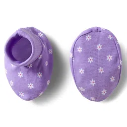 Babyhug 100% Cotton Knit Mittens & Booties Set with Floral Print - Purple image 5